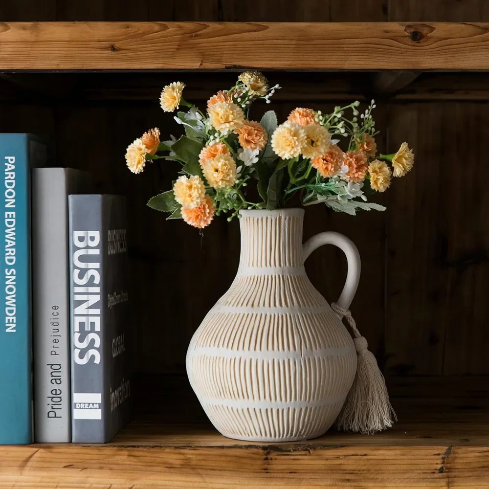 Rustic Ceramic Vase, Farmhouse Pampas Grass, Terracotta Tassel, Clay 8 inch Tall